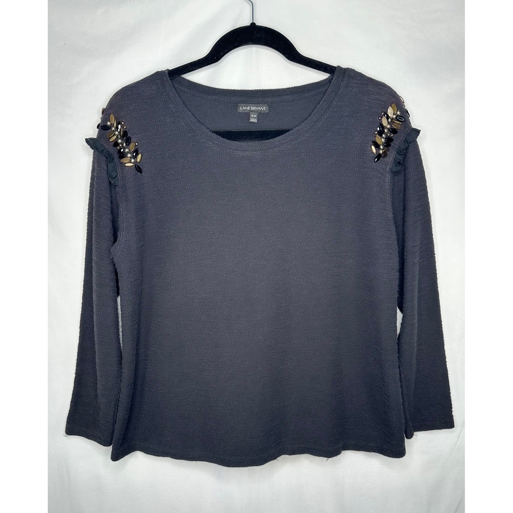 Lane Bryant Charcoal Gray Beaded Shoulder Ruffle Long Sleeve Top  Y2K Sz 18/20